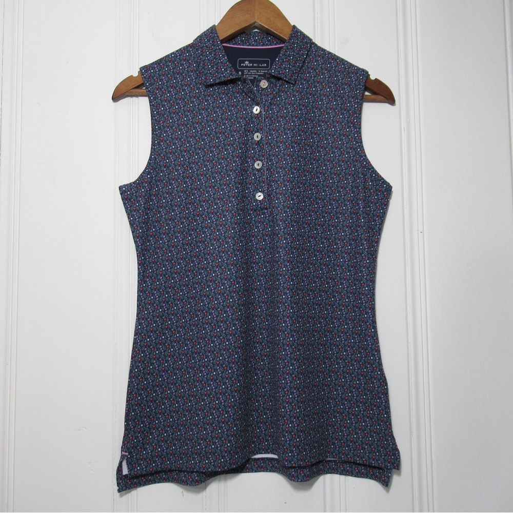 Peter Millar Blue Floral Sleeveless Golf Polo Shirt Size Small